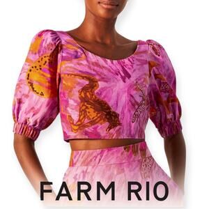 FARM Rio Square Neck Puff Sleeve Crop Top Animal Print Boho Festival Brazil M